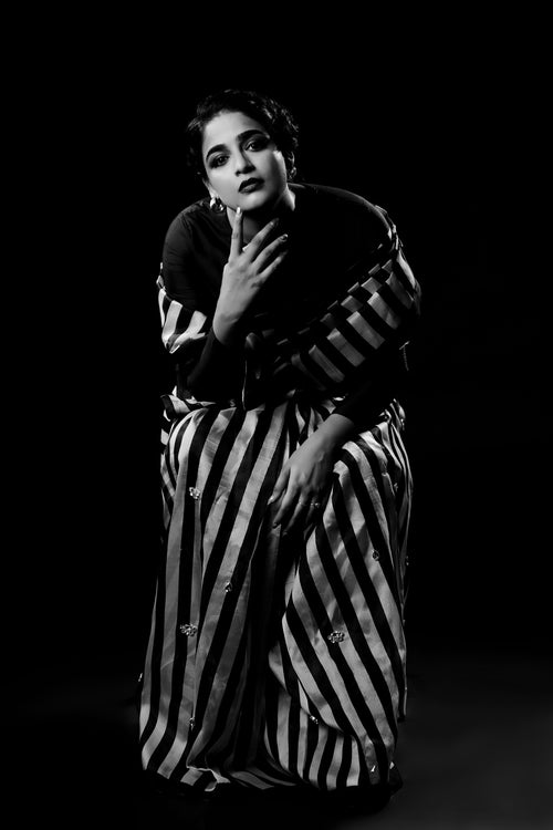 Black and white striped silk organza saree — Raspberry Crisp