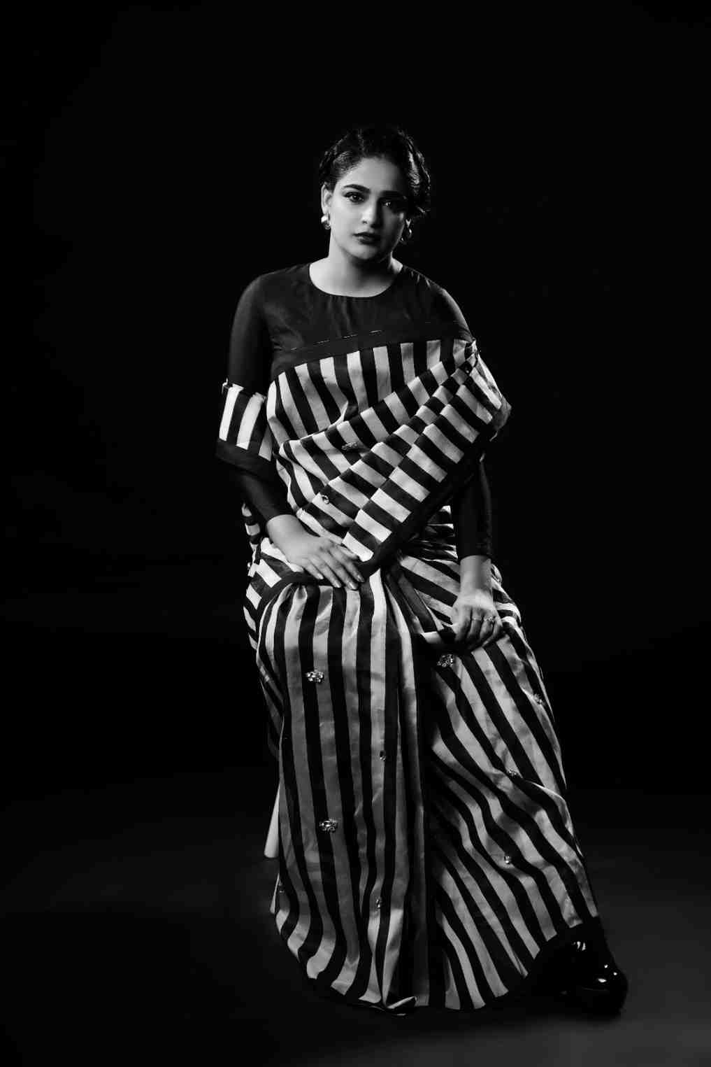 Black and white striped silk organza saree — Raspberry Crisp_2