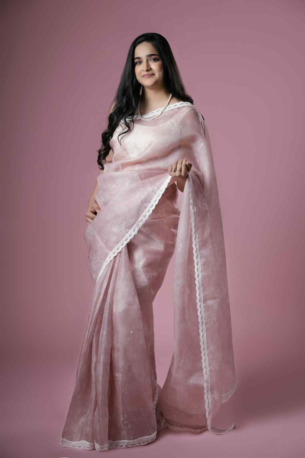 Powder pink rose print organza saree