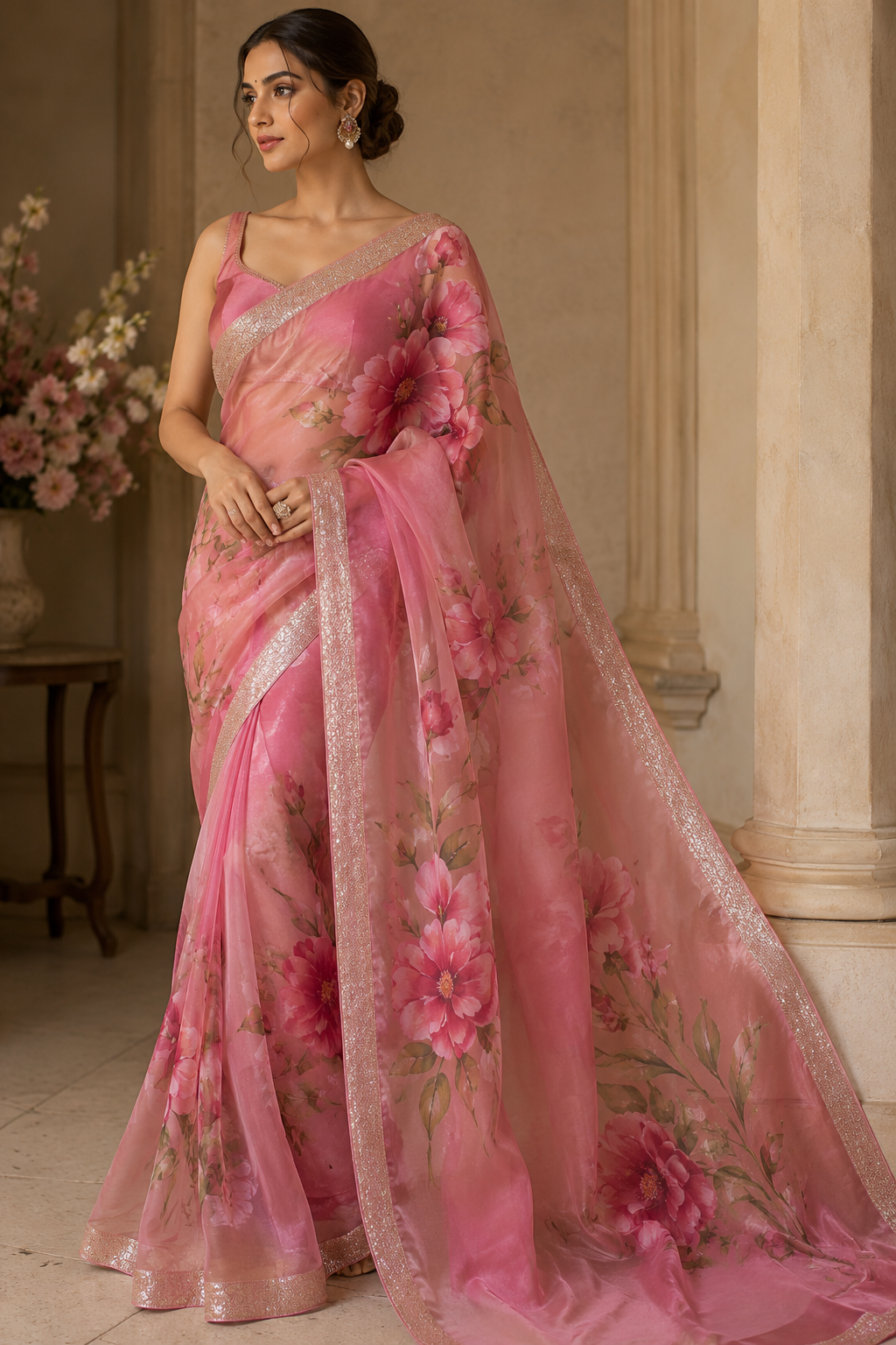 Blush Rose Hand Painted Floral Organza Saree
