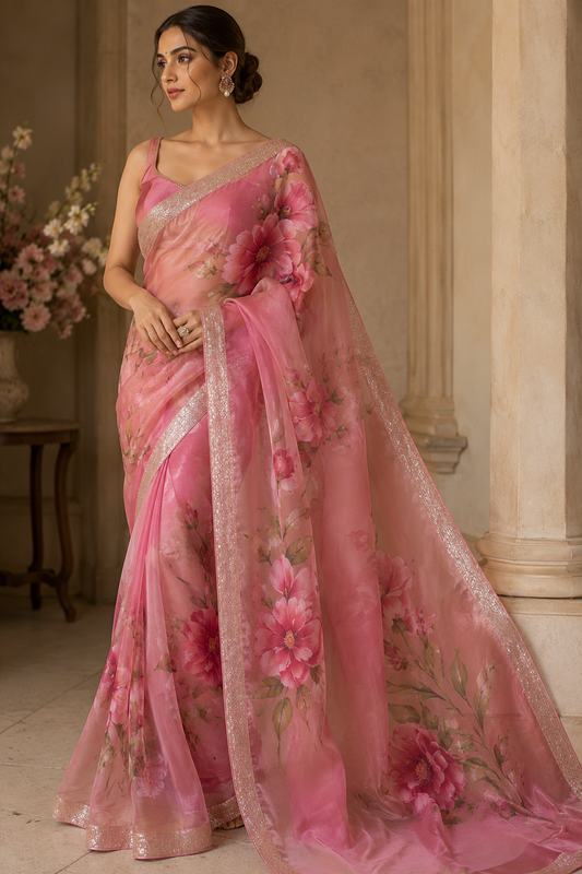 Blush Rose Hand Painted Floral Organza Saree