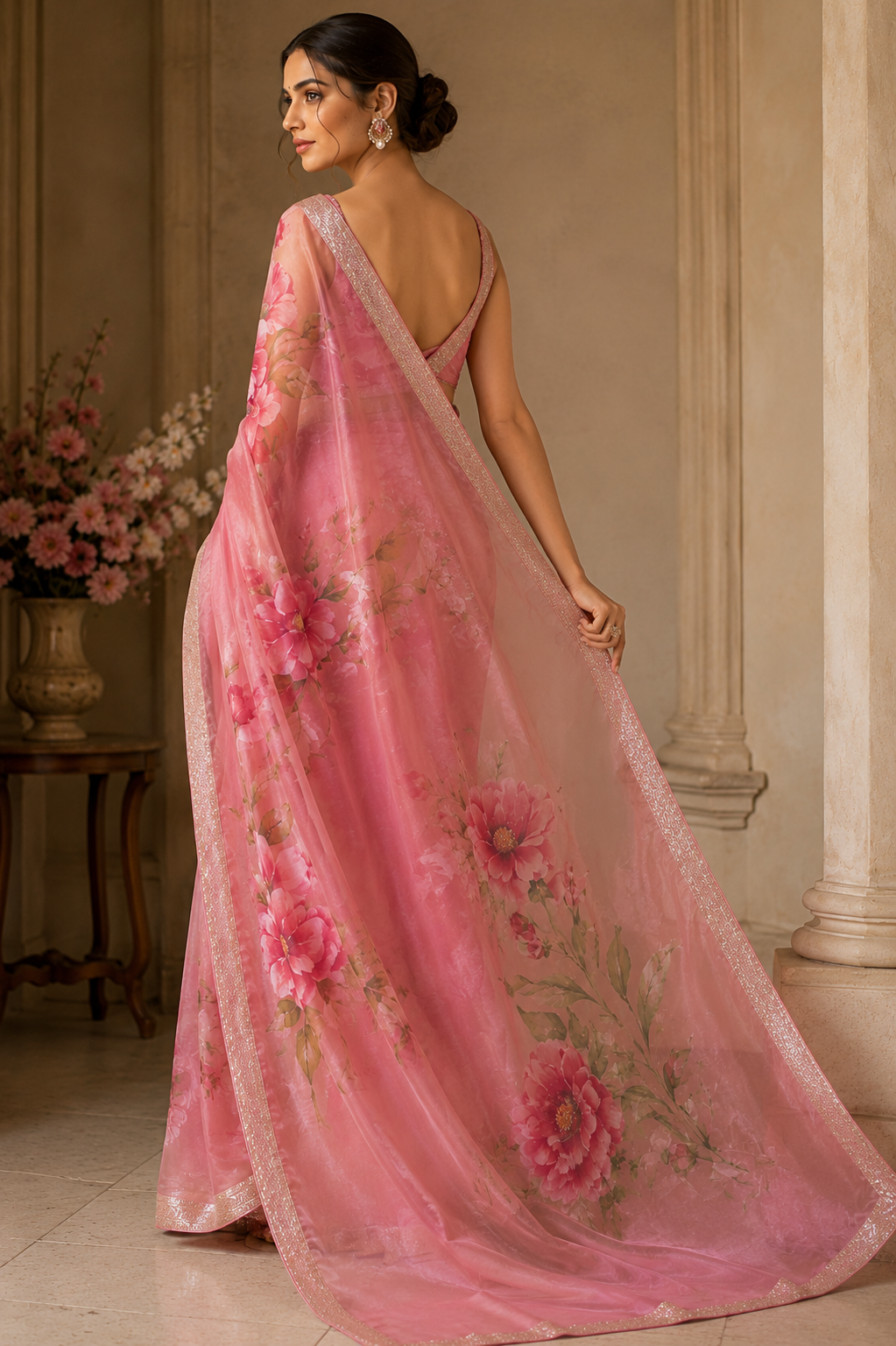 Blush Rose Hand Painted Floral Organza Saree