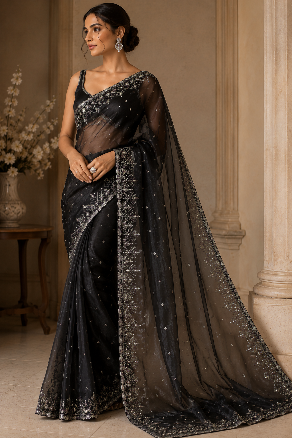Midnight Noir Crystal Zari Organza Saree