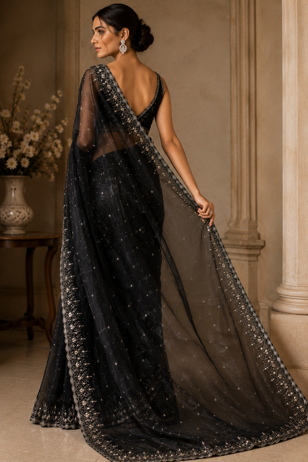 Midnight Noir Crystal Zari Organza Saree