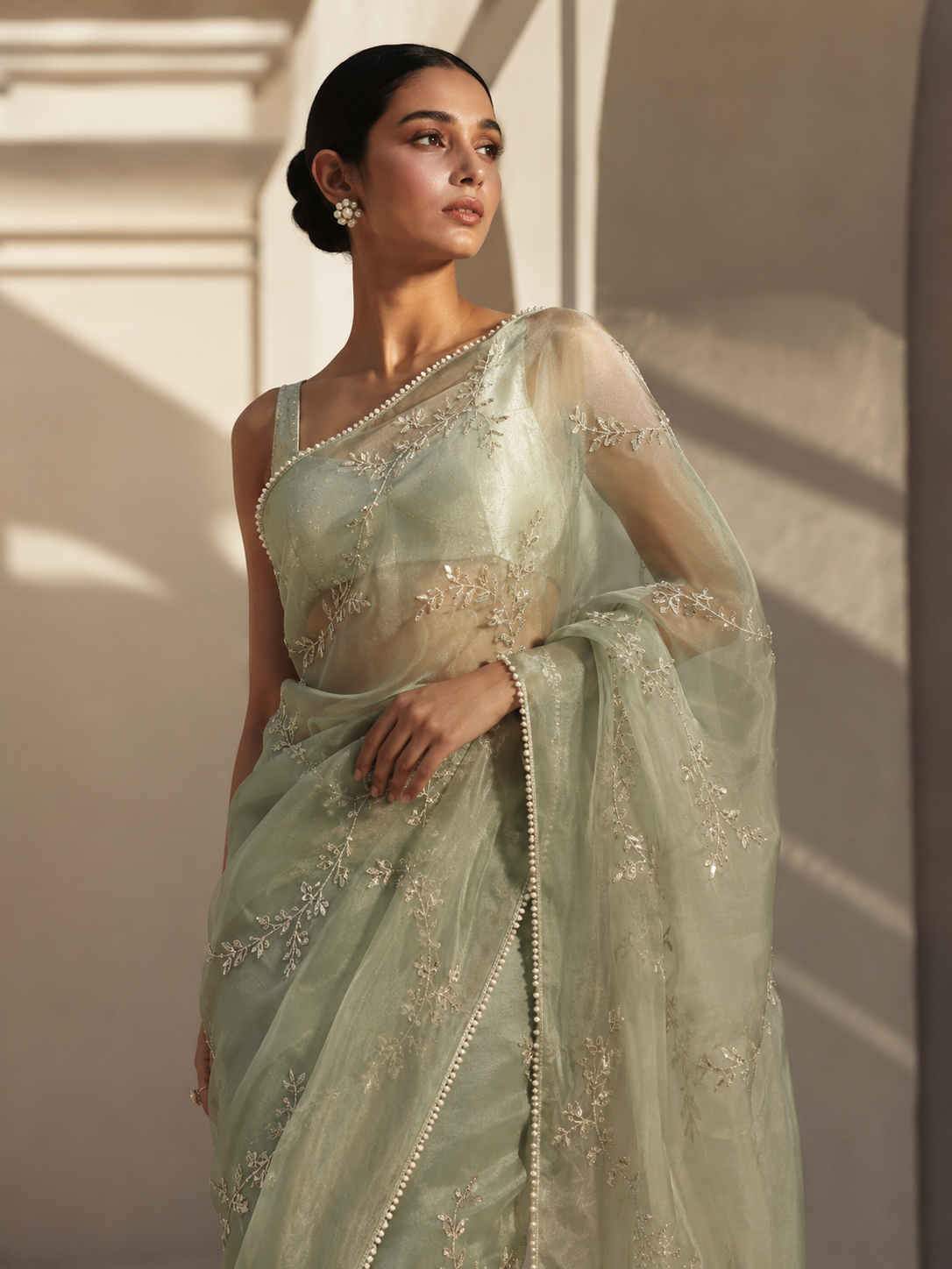 Solange Sage Embroidered Organza Saree