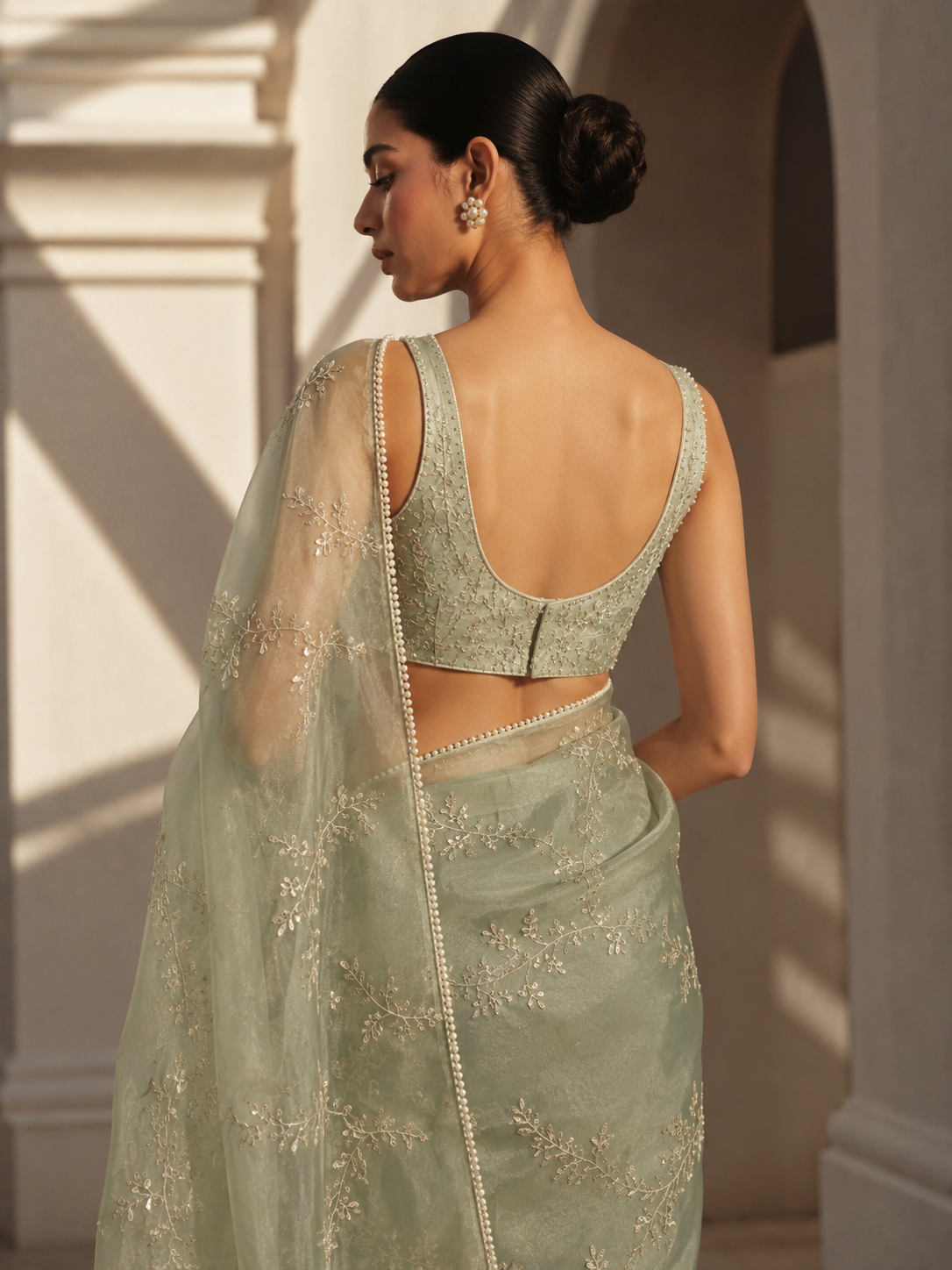 Solange Sage Embroidered Organza Saree